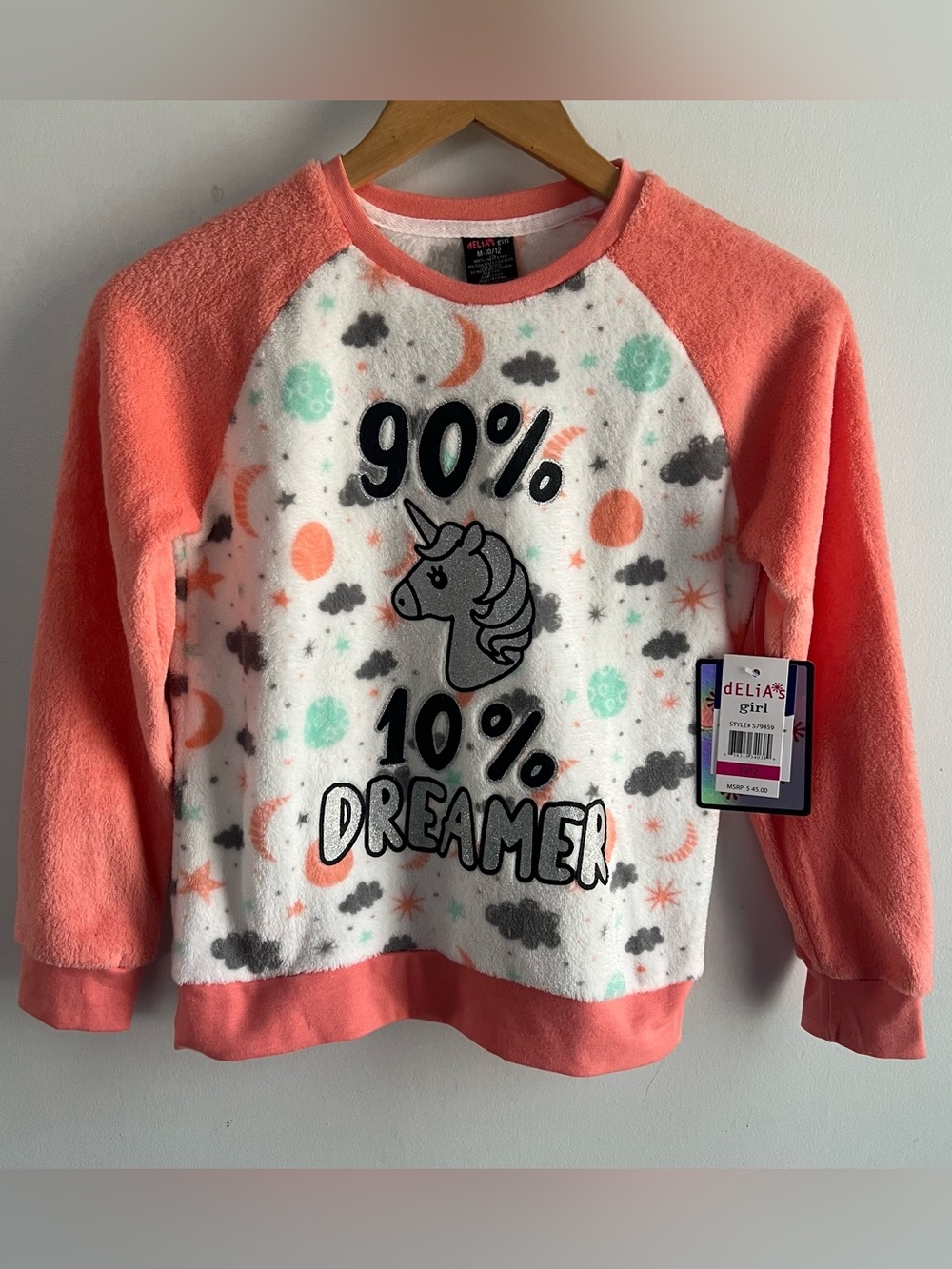 NWT Delia’s Girl 90% Unicorn 10% Dreamer Fleece Pajama Top Girls M 10/12